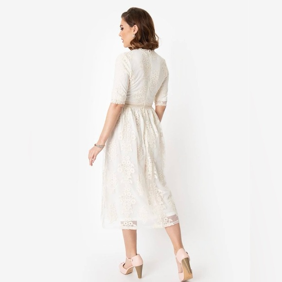 🦋B2G1🦋Vintage Style Antique Ivory Embroidered Lace Modest Midi Dress NWOT - Picture 4 of 14